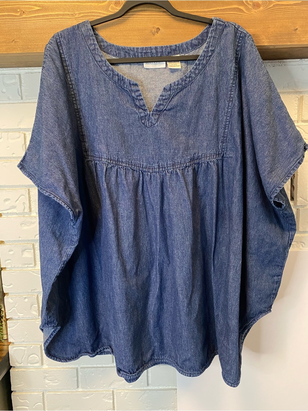Vanity Fair Chambray Denim Look Cotton Peasant Blouse Boho Poncho One Size